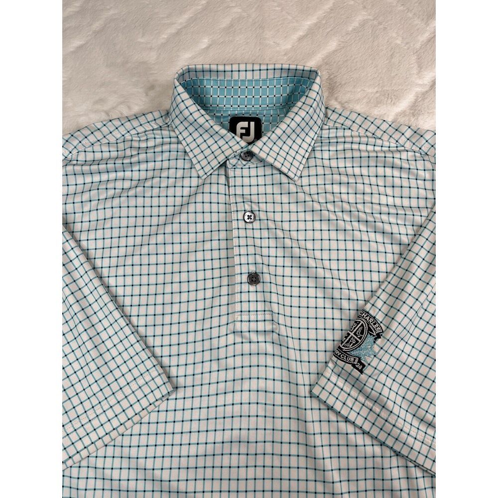 Footjoy FJ Polo Shirt Mens (M) White Blue Check Stretch Golf Pullover
